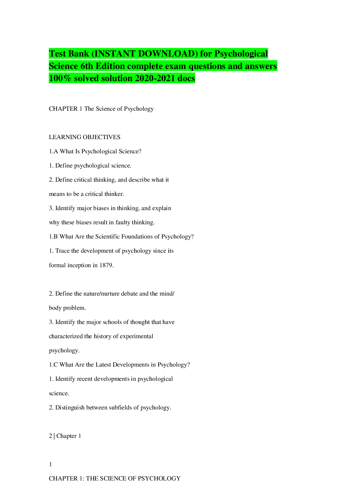 Preview of Test Bank (INSTANT DOWNLOAD) for Psychological Science 6th Edition complete exam questions